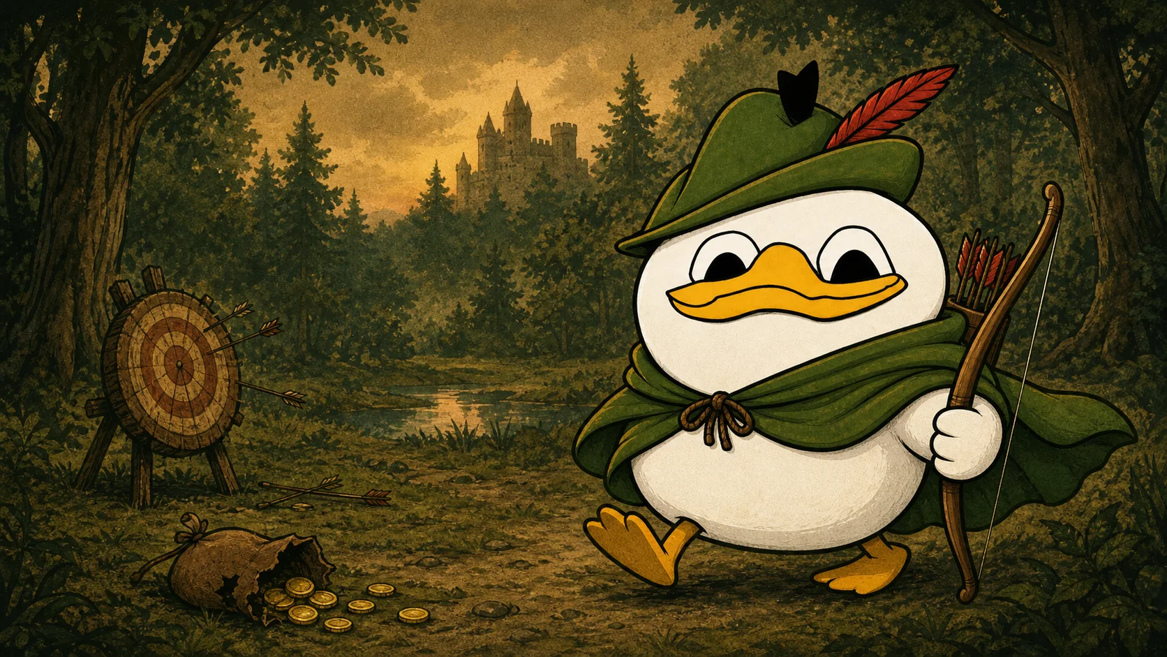 Rolan Hood waddling through Sherwood Forest with a wonky bow and a bag of coins